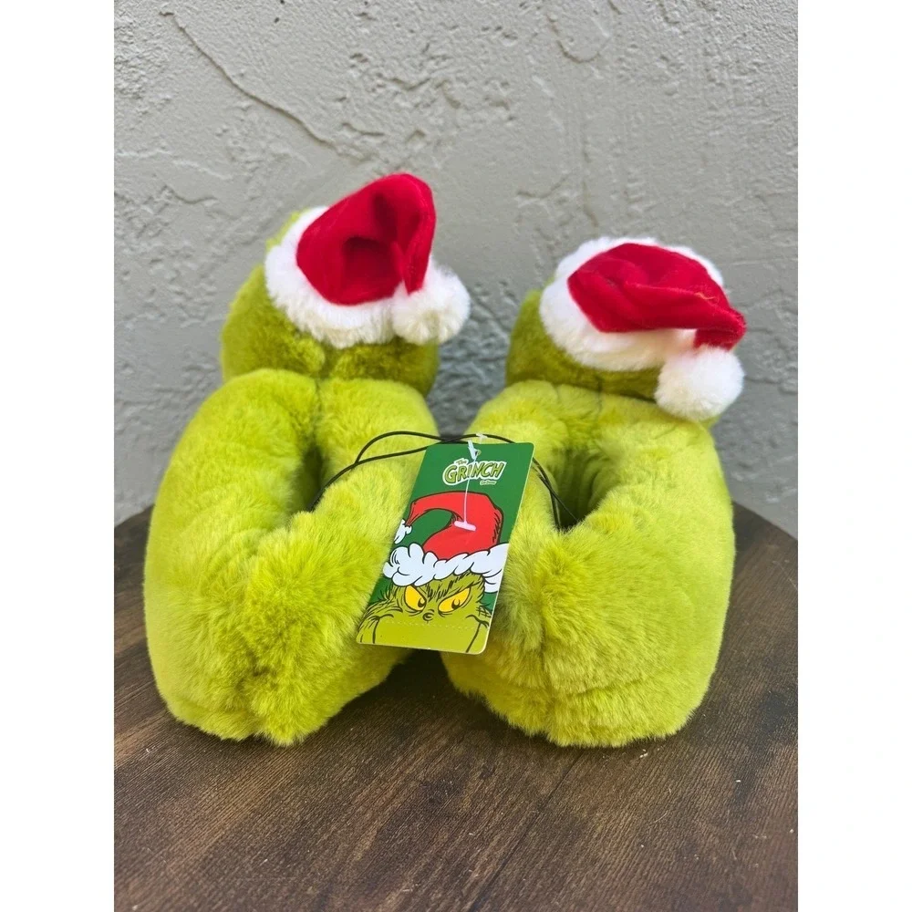 Grinch Holiday NEW Plush Kids Slippers Green Santa Hat Christmas Sz Small 9-10
